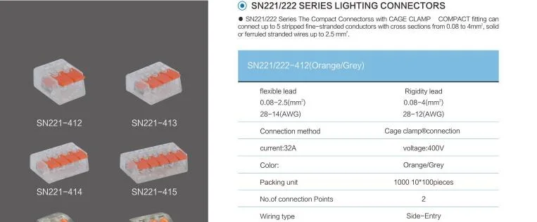 Sn222-412 2pin Nylon66 Body Steel Spring Fast Lighting Cable Connector